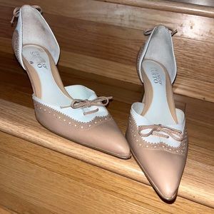 tan and white pointy brogue heels franco sarto 7